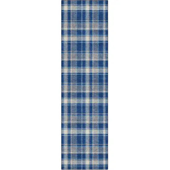 8' Runner Navy and Ivory Plaid Washable Non Skid Indoor Outdoor Runner Rug Photo 2