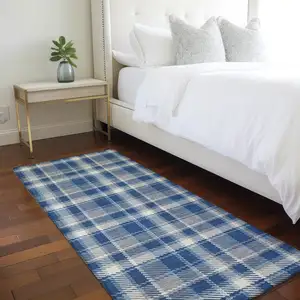 Photo of 8' Runner Navy and Ivory Plaid Washable Non Skid Indoor Outdoor Runner Rug