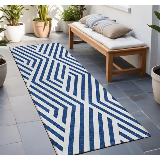 Navy and White Geometric Washable Non Skid Indoor Outdoor Runner Rug Photo 1