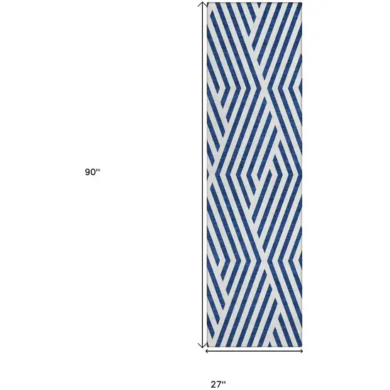 Navy and White Geometric Washable Non Skid Indoor Outdoor Runner Rug Photo 3