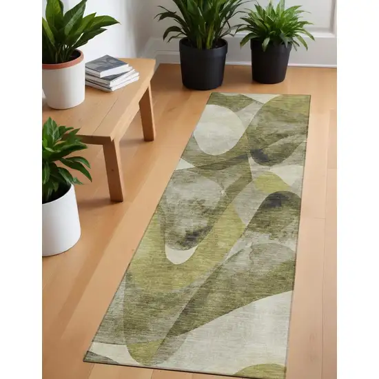 Olive Green Abstract Washable Non Skid Indoor Outdoor Runner Rug Photo 1