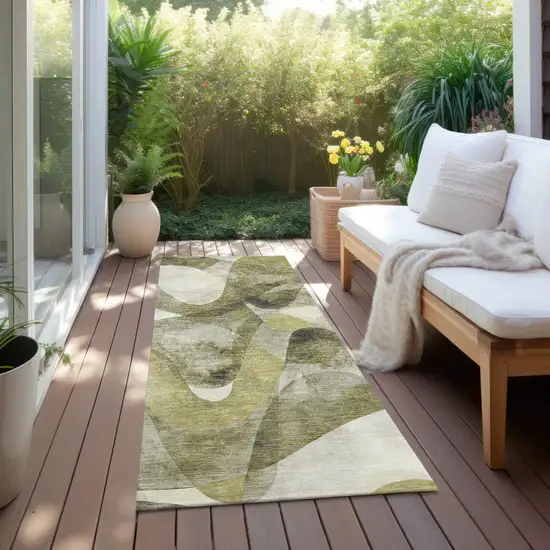 Olive Green Abstract Washable Non Skid Indoor Outdoor Runner Rug Photo 6