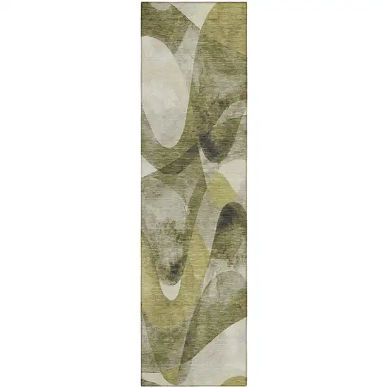 8' Runner Olive Green Abstract Washable Non Skid Indoor Outdoor Runner Rug Photo 1