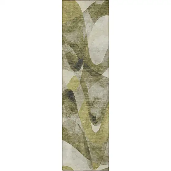 8' Runner Olive Green Abstract Washable Non Skid Indoor Outdoor Runner Rug Photo 3