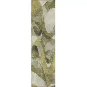 Photo of 8' Runner Olive Green Abstract Washable Non Skid Indoor Outdoor Runner Rug