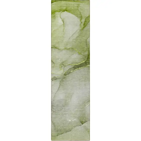 Olive Green Abstract Washable Non Skid Indoor Outdoor Runner Rug Photo 4