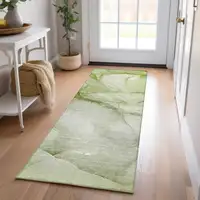 Photo of 8' Runner Olive Green Abstract Washable Non Skid Indoor Outdoor Runner Rug