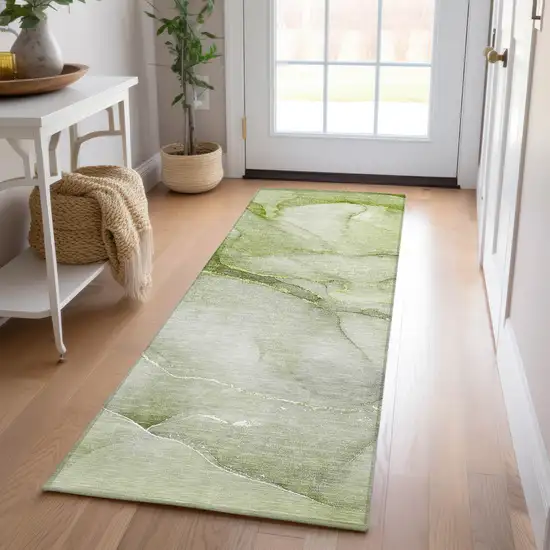 8' Runner Olive Green Abstract Washable Non Skid Indoor Outdoor Runner Rug Photo 9