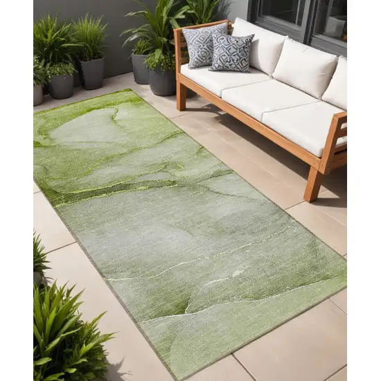 Olive Green Abstract Washable Non Skid Indoor Outdoor Runner Rug Photo 1