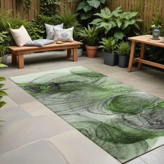 Olive Green Abstract Washable Non Skid Indoor Outdoor Runner Rug Photo 1