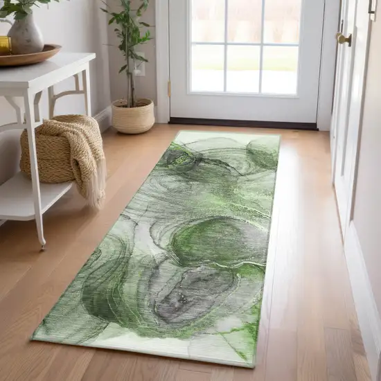 8' Runner Olive Green Abstract Washable Non Skid Indoor Outdoor Runner Rug Photo 9