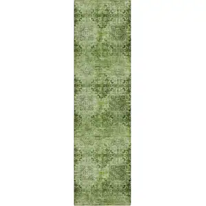 Photo of 8' Runner Olive Green Floral Medallion Washable Non Skid Indoor Outdoor Runner Rug