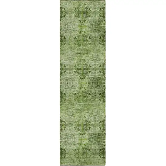 8' Runner Olive Green Floral Medallion Washable Non Skid Indoor Outdoor Runner Rug Photo 1