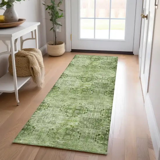 Olive Green Floral Medallion Washable Non Skid Indoor Outdoor Runner Rug Photo 7