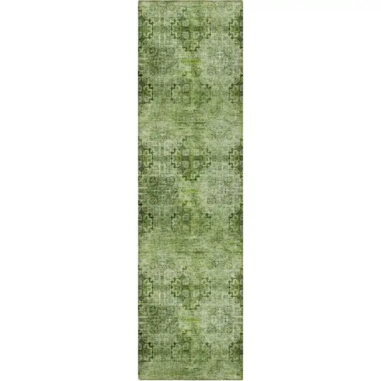 8' Runner Olive Green Floral Medallion Washable Non Skid Indoor Outdoor Runner Rug Photo 3