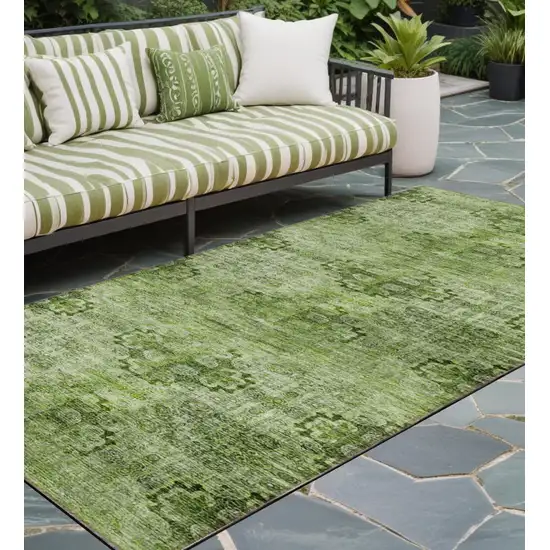 Olive Green Floral Medallion Washable Non Skid Indoor Outdoor Runner Rug Photo 1