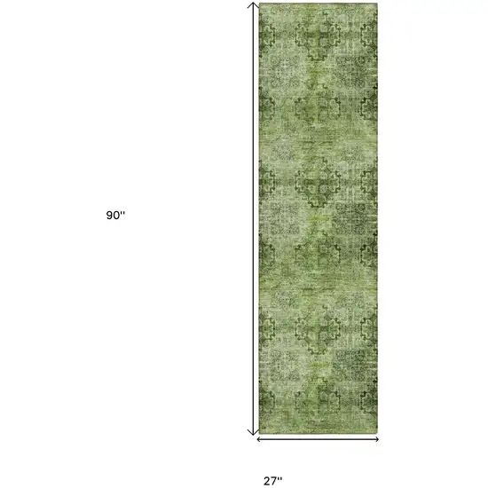 Olive Green Floral Medallion Washable Non Skid Indoor Outdoor Runner Rug Photo 3