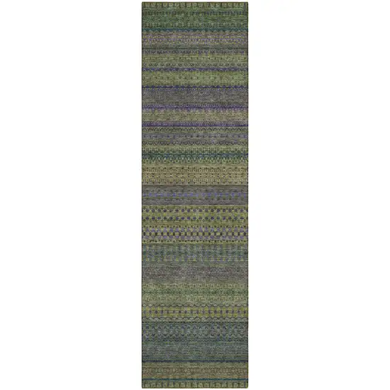 Olive Green Striped Washable Indoor Outdoor Runner Rug Photo 2