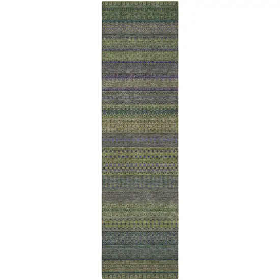 Olive Green Striped Washable Indoor Outdoor Runner Rug Photo 4