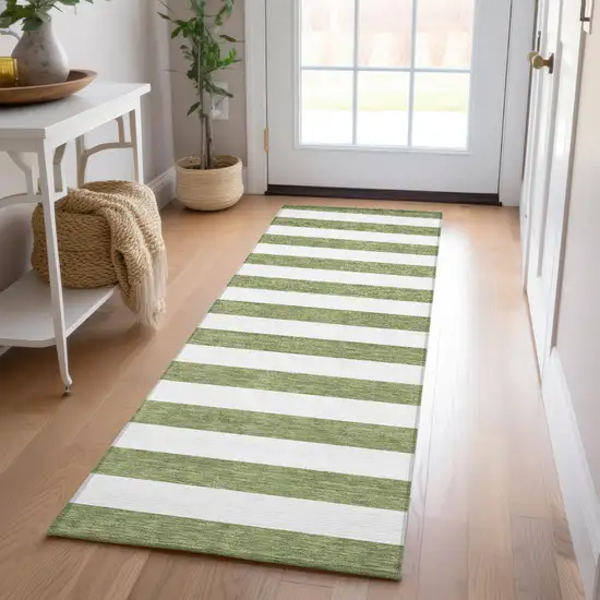 8' Runner Olive Green Striped Washable Non Skid Indoor Outdoor Runner Rug Photo 9