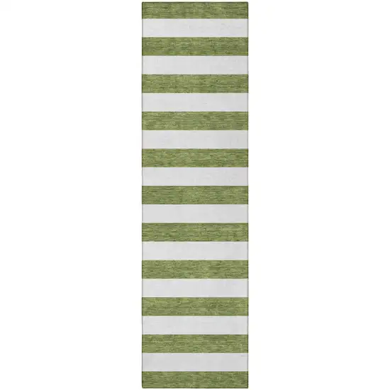 Olive Green Striped Washable Non Skid Indoor Outdoor Runner Rug Photo 4