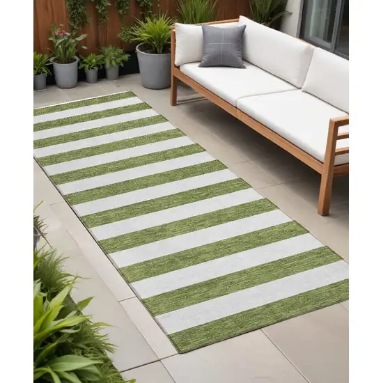 Olive Green Striped Washable Non Skid Indoor Outdoor Runner Rug Photo 1