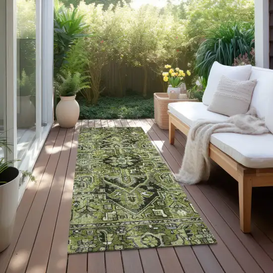 Olive Green and Dark Green Oriental Washable Non Skid Indoor Outdoor Runner Rug Photo 8