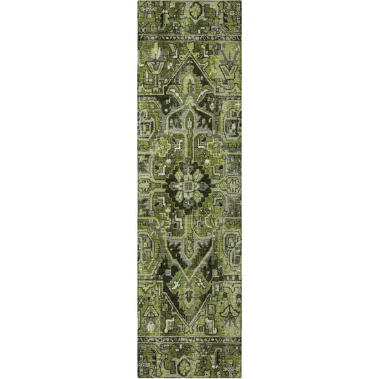 8' Runner Olive Green and Dark Green Oriental Washable Non Skid Indoor Outdoor Runner Rug Photo 5