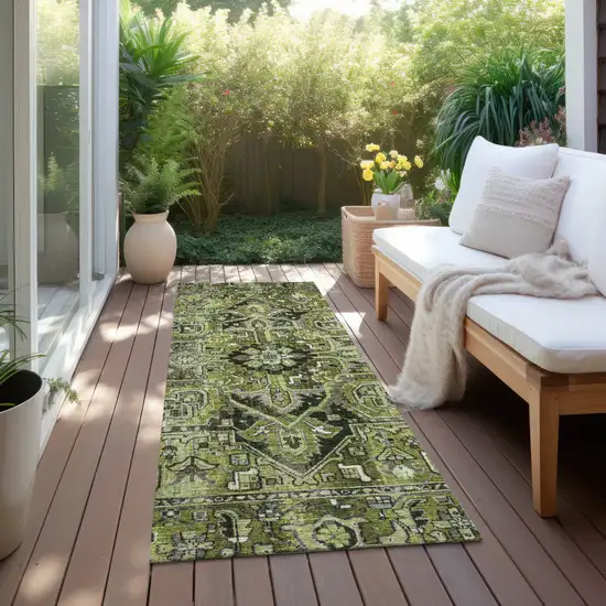 8' Runner Olive Green and Dark Green Oriental Washable Non Skid Indoor Outdoor Runner Rug Photo 8