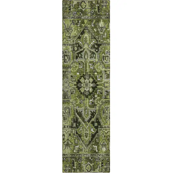 8' Runner Olive Green and Dark Green Oriental Washable Non Skid Indoor Outdoor Runner Rug Photo 2