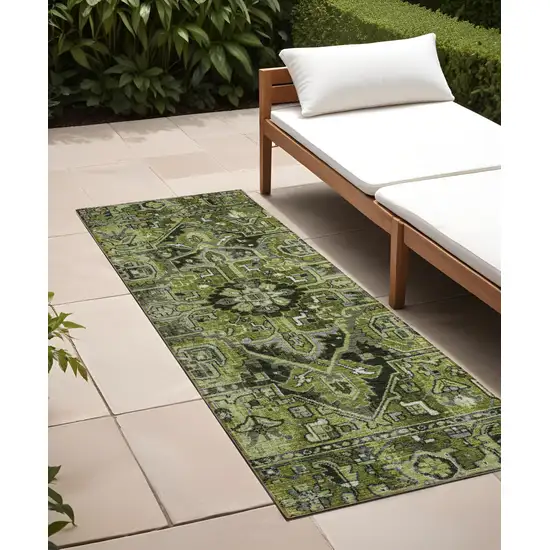 Olive Green and Dark Green Oriental Washable Non Skid Indoor Outdoor Runner Rug Photo 1