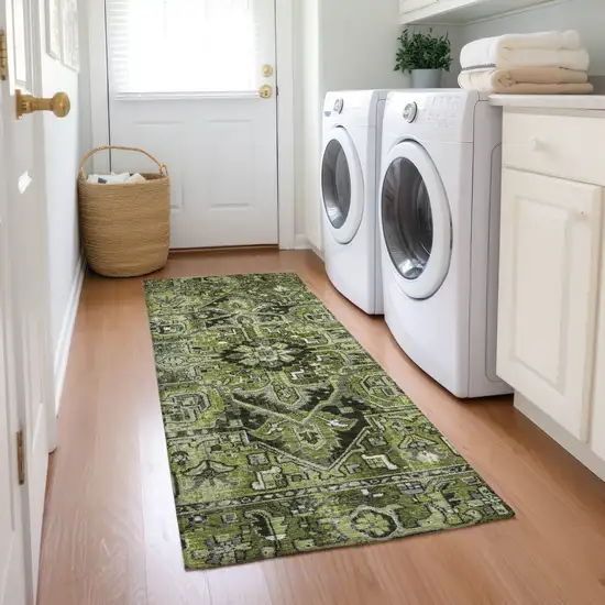 Olive Green and Dark Green Oriental Washable Non Skid Indoor Outdoor Runner Rug Photo 9