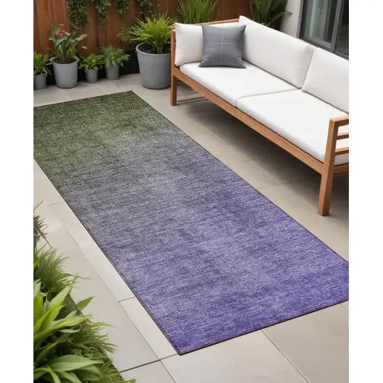 8' Runner Olive Green and Purple Ombre Washable Non Skid Indoor Outdoor Runner Rug Photo 1