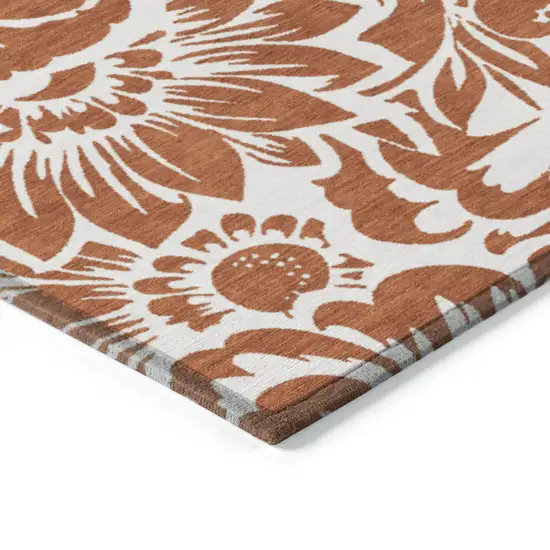 Rust and Ivory Floral Washable Non Skid Indoor Outdoor Runner Rug Photo 5