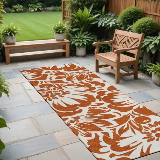 Rust and Ivory Floral Washable Non Skid Indoor Outdoor Runner Rug Photo 1