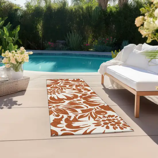 Rust and Ivory Floral Washable Non Skid Indoor Outdoor Runner Rug Photo 6