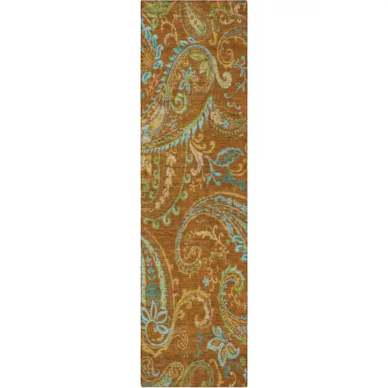 Orange Paisley Washable Non Skid Indoor Outdoor Runner Rug Photo 5