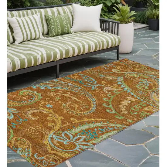 Orange Paisley Washable Non Skid Indoor Outdoor Runner Rug Photo 1