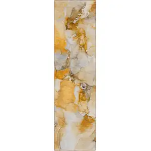 Photo of 8' Runner Orange and Ivory Abstract Washable Non Skid Indoor Outdoor Runner Rug