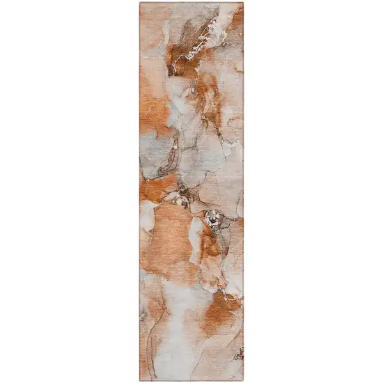 Orange and Ivory Abstract Washable Indoor Outdoor Runner Rug Photo 2