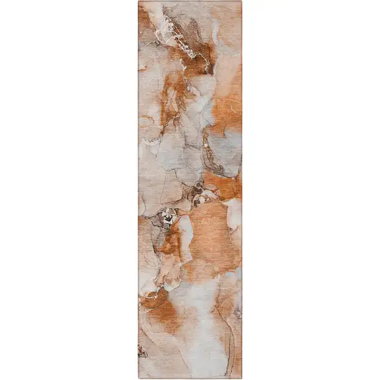 8' Runner Orange and Ivory Abstract Washable Non Skid Indoor Outdoor Runner Rug Photo 2