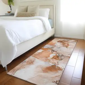 Photo of 8' Runner Orange and Ivory Abstract Washable Non Skid Indoor Outdoor Runner Rug