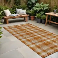 Photo of 8' Runner Orange and Ivory Plaid Washable Non Skid Indoor Outdoor Runner Rug