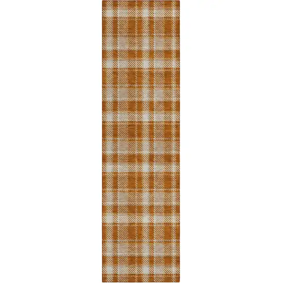 Orange and Ivory Plaid Washable Non Skid Indoor Outdoor Runner Rug Photo 2