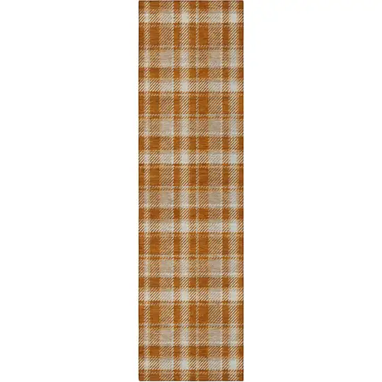 Orange and Ivory Plaid Washable Non Skid Indoor Outdoor Runner Rug Photo 4