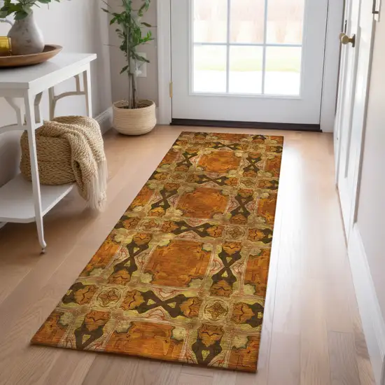 Orange and Rust Floral Medallion Washable Non Skid Indoor Outdoor Runner Rug Photo 9