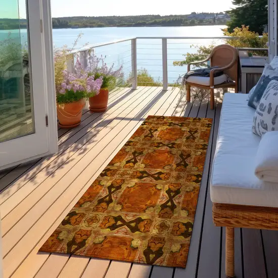 Orange and Rust Floral Medallion Washable Non Skid Indoor Outdoor Runner Rug Photo 8