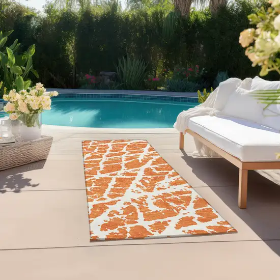 8' Runner Orange and White Abstract Washable Non Skid Indoor Outdoor Runner Rug Photo 5