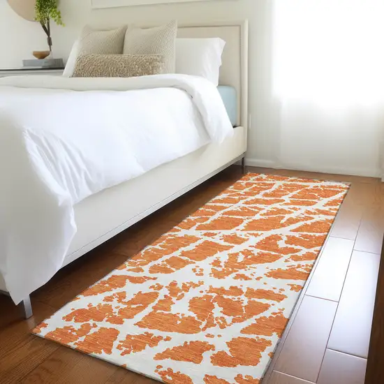 8' Runner Orange and White Abstract Washable Non Skid Indoor Outdoor Runner Rug Photo 6