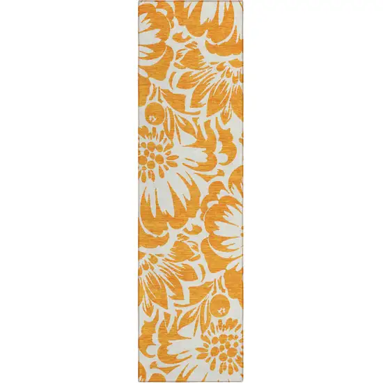 8' Runner Orange and White Floral Washable Non Skid Indoor Outdoor Runner Rug Photo 2